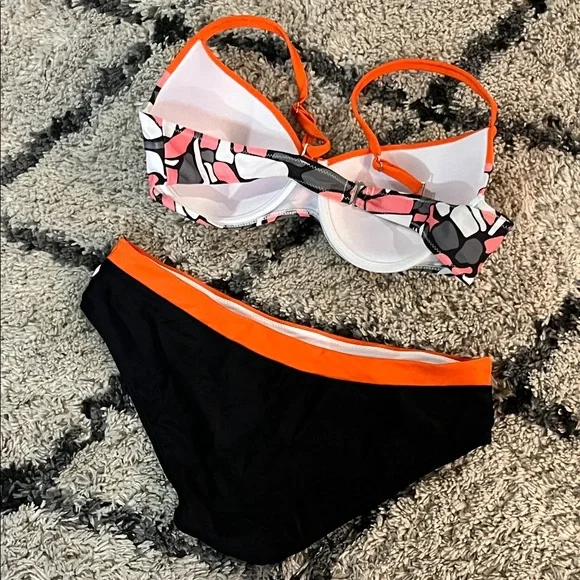 Colorblock Pink Orange Black Patterned Bikini Set - Picture 5 of 8